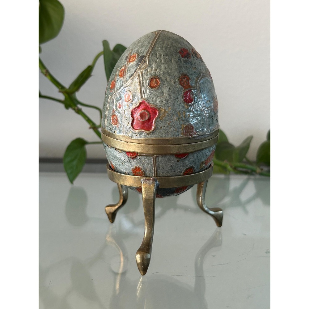 Floral Cloisonne Egg Trinket Box‎ with Brass Stand